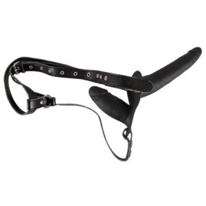 Kožni remen s dva crna silikonska dilda