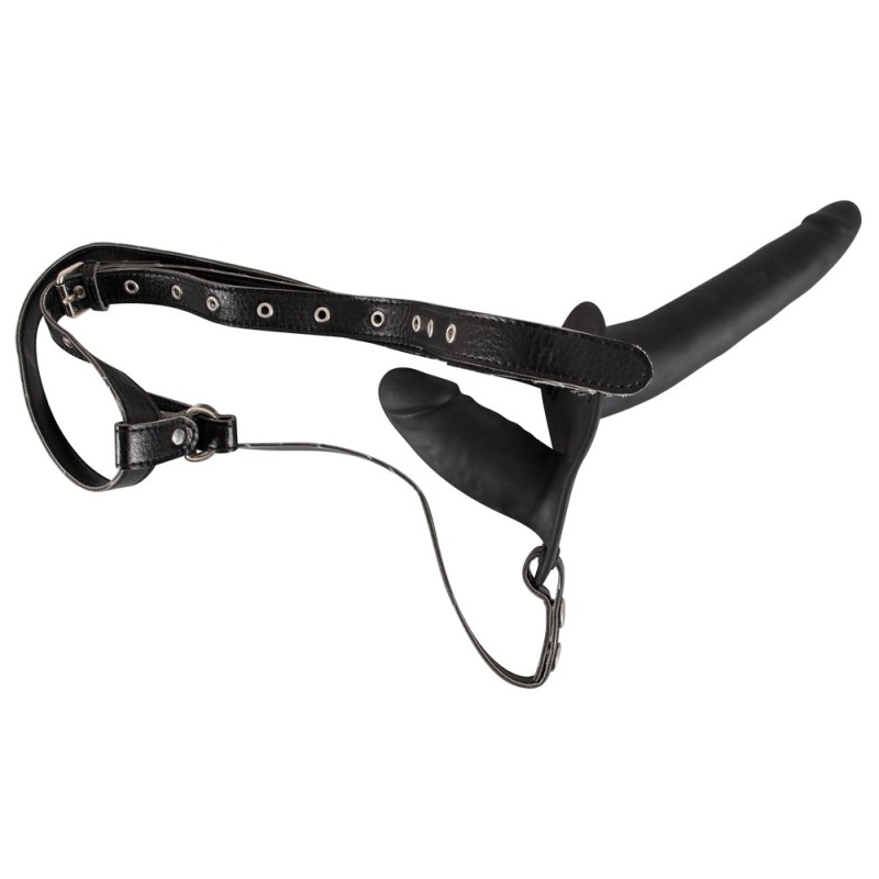 Kožni remen s dva crna silikonska dilda